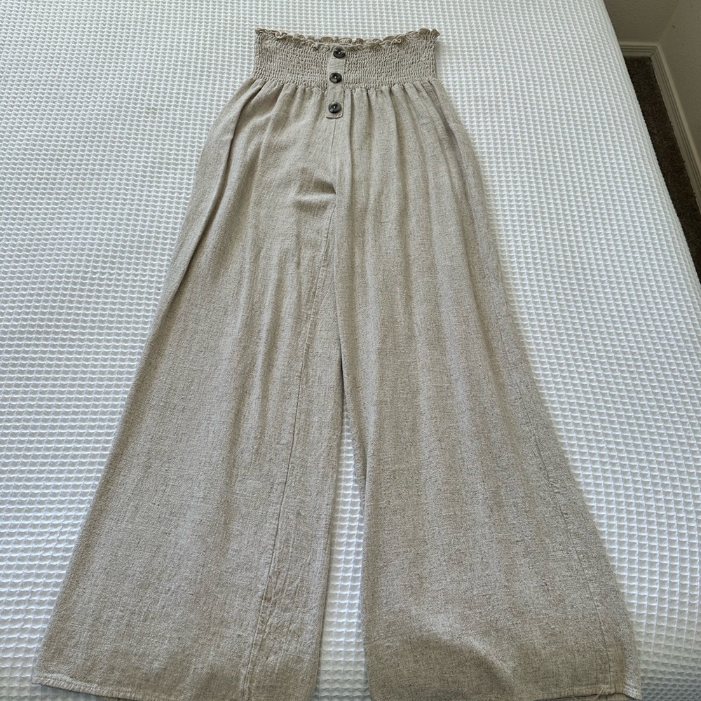 Vici Neutral Taupe Smocked Waist Wide-Leg Linen Pants - Picture 2 of 6